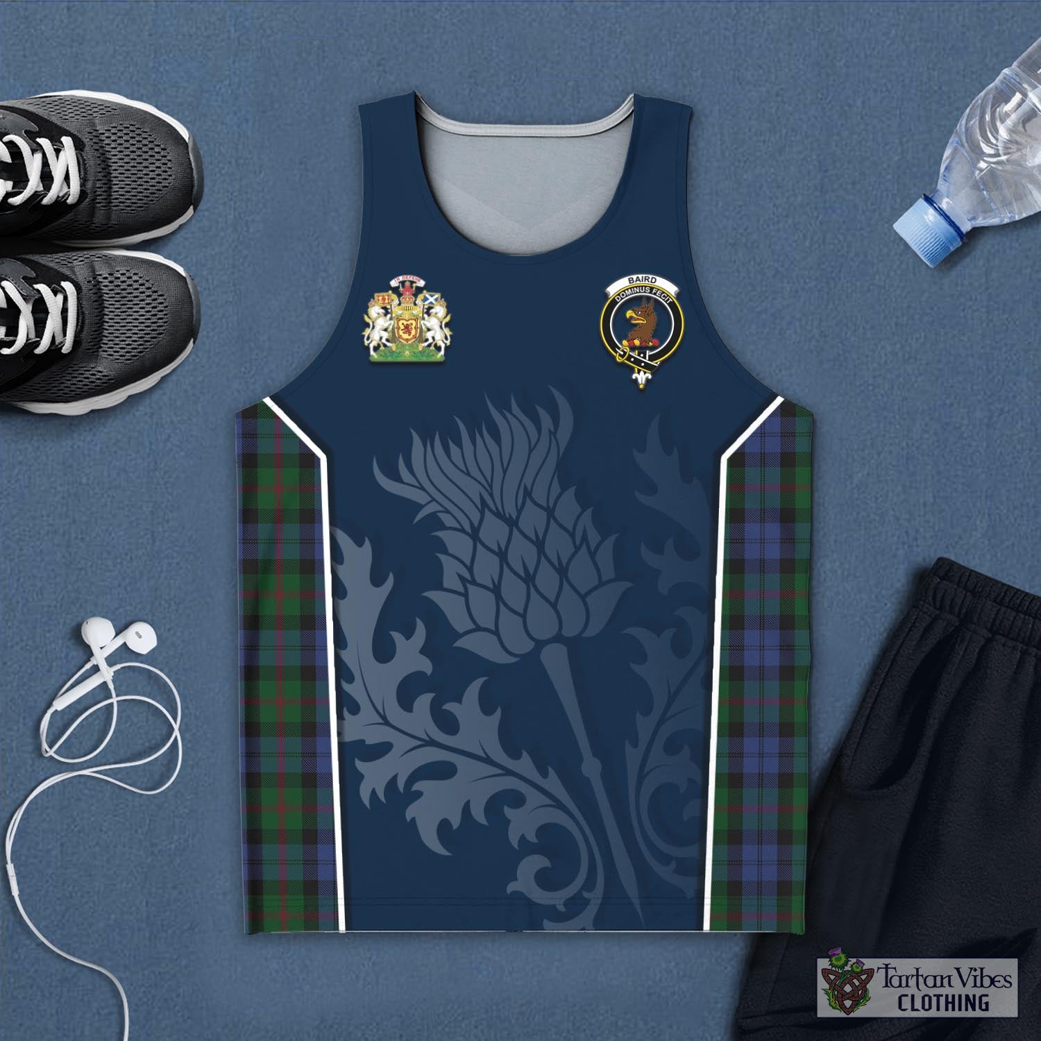 Tartan Vibes Clothing Baird Tartan Men's Tanks Top with Family Crest and Scottish Thistle Vibes Sport Style