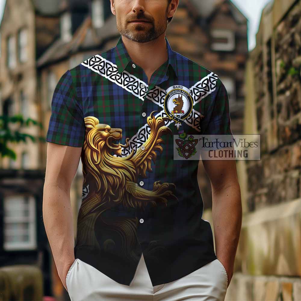 Tartan Vibes Clothing Baird Crest Tartan Short Sleeve Button Shirt with Golden Lion Emblem Celtic Style