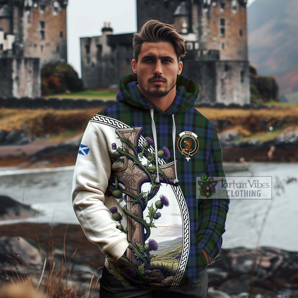 Tartan Vibes Clothing Baird Tartan Cotton Hoodie with Family Crest and St. Andrew's Cross Accented by Thistle Vines