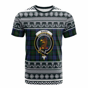 Baird Clan Tartan Christmas Cotton T-shirt with Family Crest