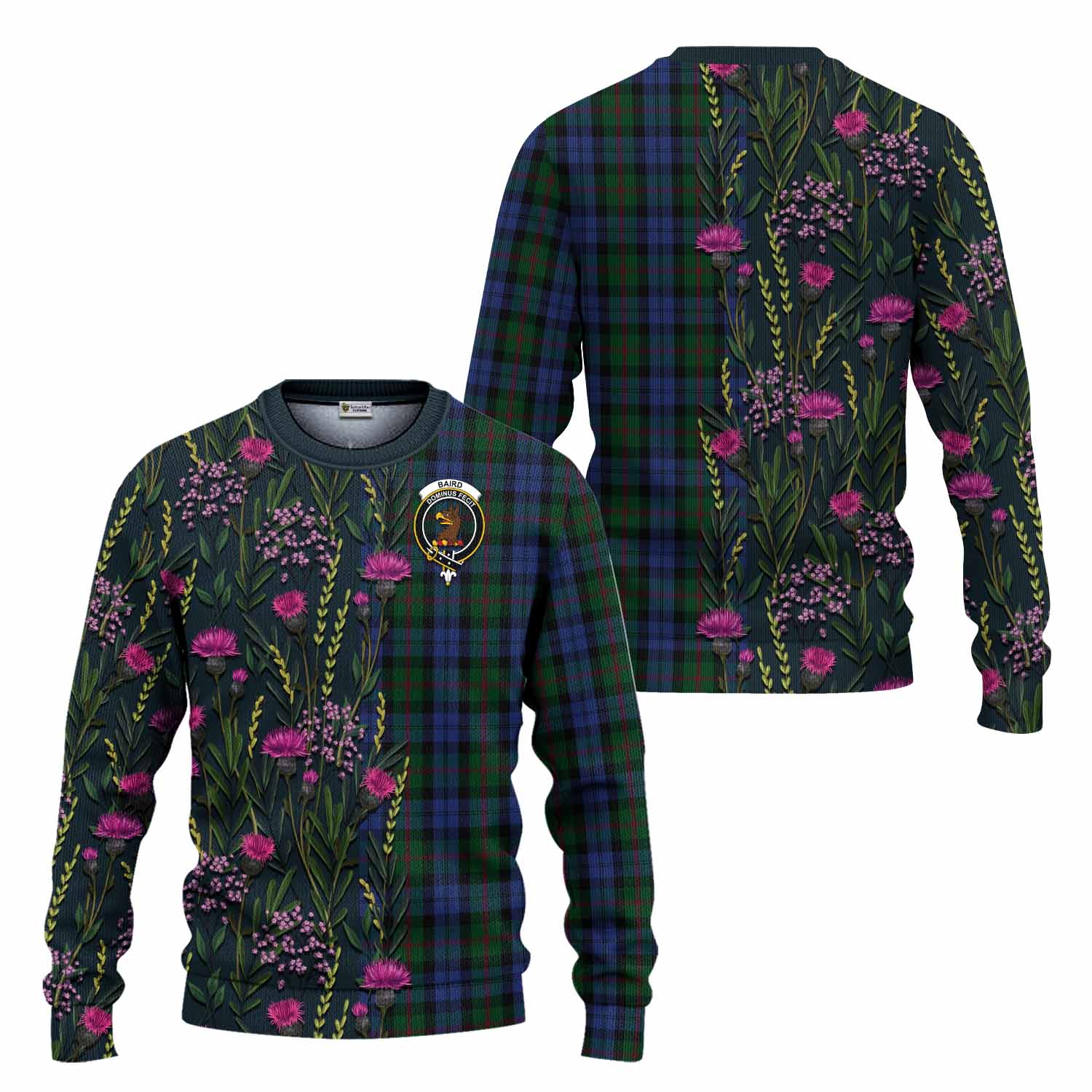 Baird Family Crest Tartan Knitted Sweater Scottish Thistle Flower Pattern Half Style - Tartan Vibes Clothing