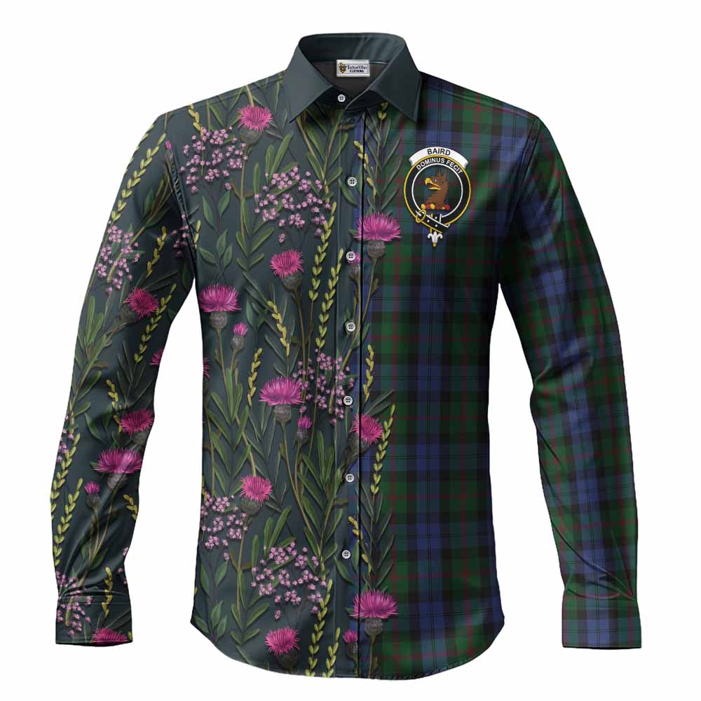 Baird Family Crest Tartan Long Sleeve Button Shirts Scottish Thistle Flower Pattern Half Style - Tartan Vibes Clothing