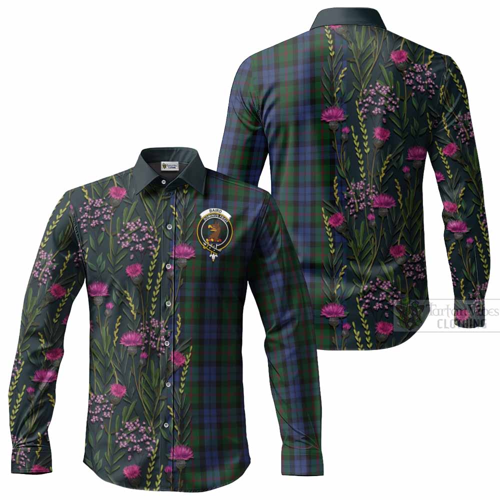 Baird Family Crest Tartan Long Sleeve Button Shirts Scottish Thistle Flower Pattern Half Style - Tartan Vibes Clothing