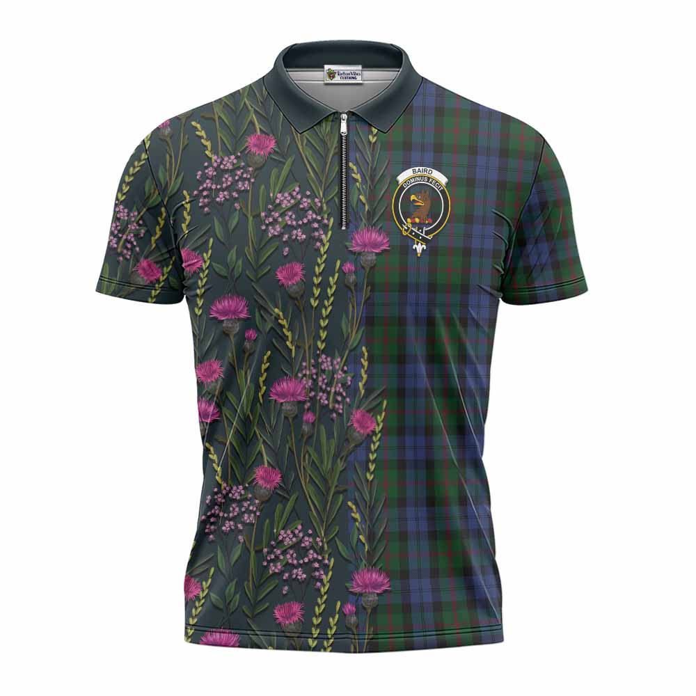 Baird Family Crest Tartan Zipper Polo Shirt Scottish Thistle Flower Pattern Half Style - Tartan Vibes Clothing