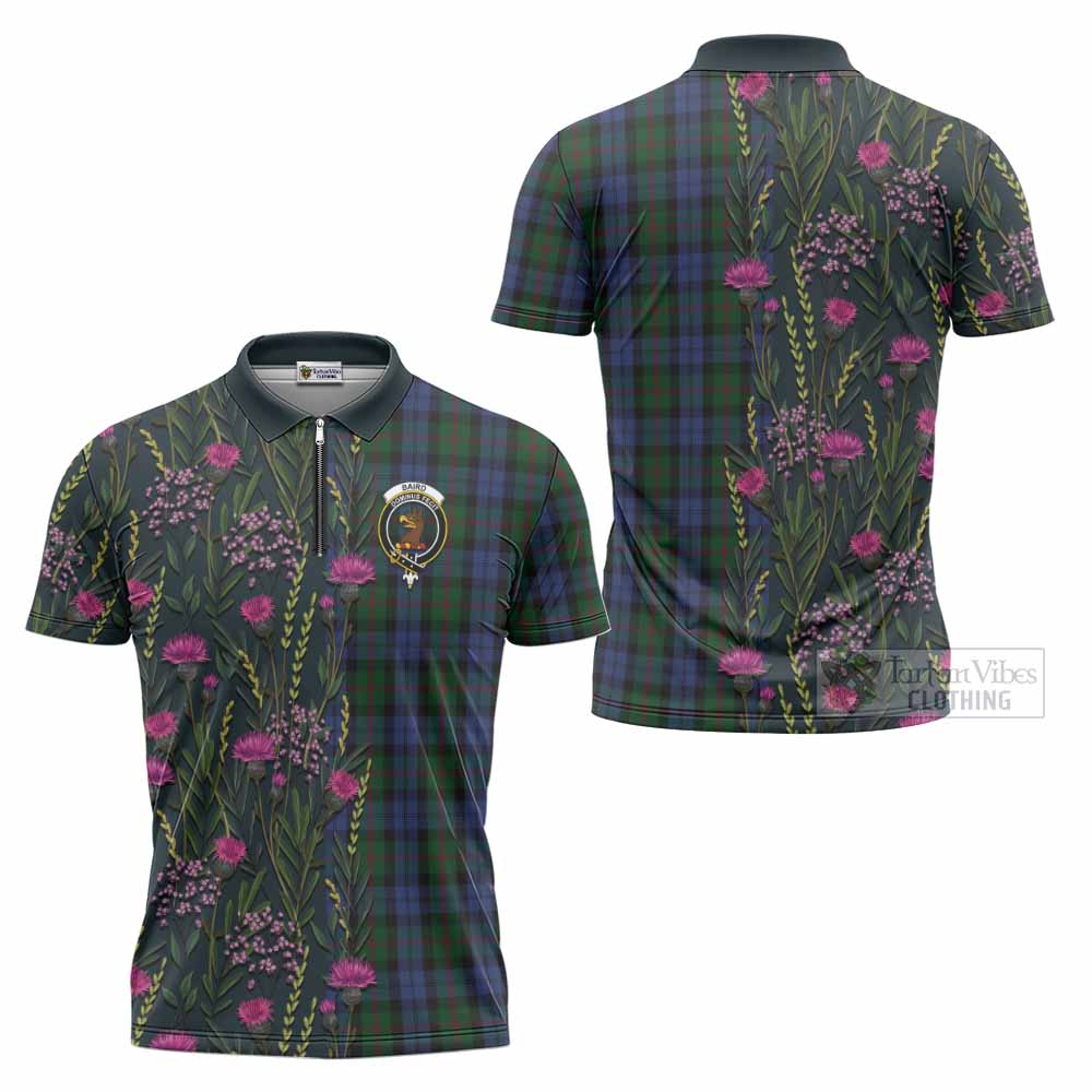 Baird Family Crest Tartan Zipper Polo Shirt Scottish Thistle Flower Pattern Half Style - Tartan Vibes Clothing
