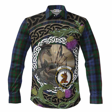 Baird Tartan Crest Bagpipe Nessie Long Sleeve Button Shirts Scottish Loch Ness Monster Celtic Thistle