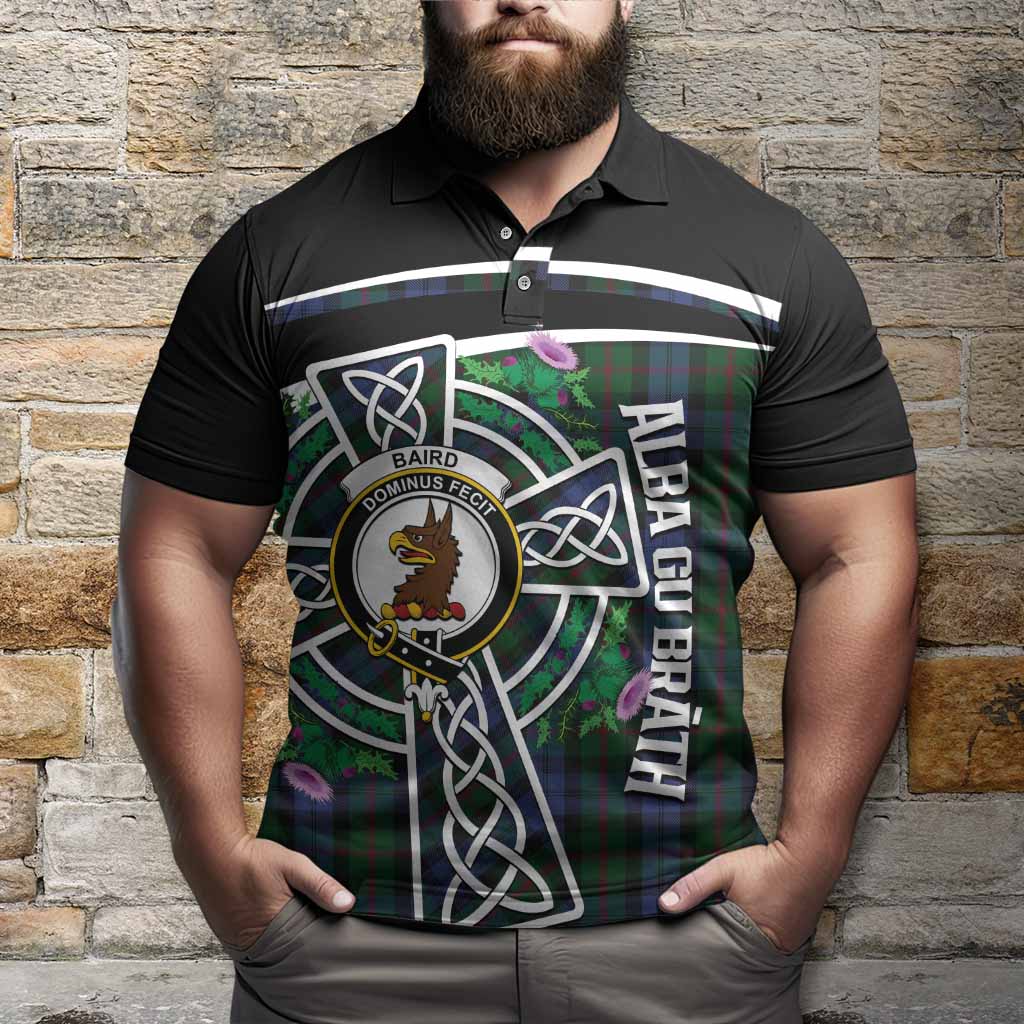 Baird Tartan Crest Polo Shirt Scottish Thistle Celtic Cross Alba Gu Brath