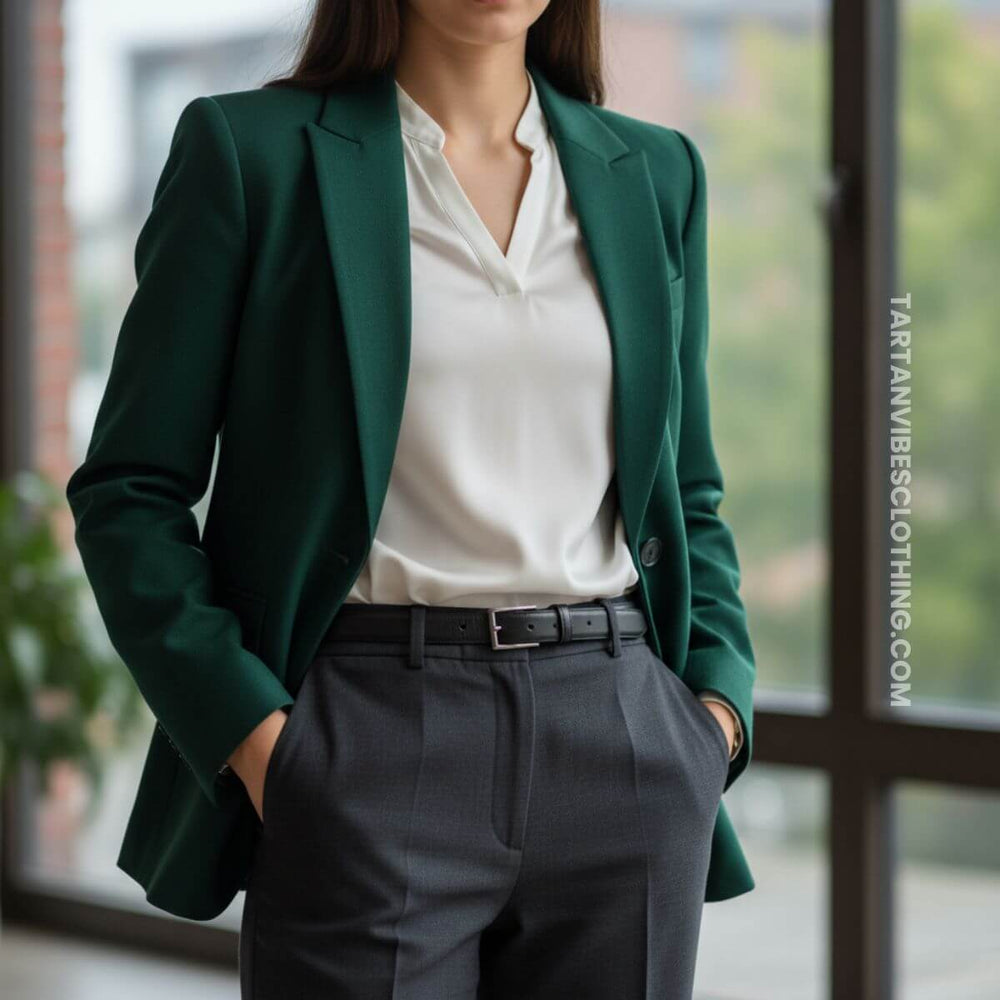 Women’s green blazer outfit with white blouse and tailored trousers for smart casual style