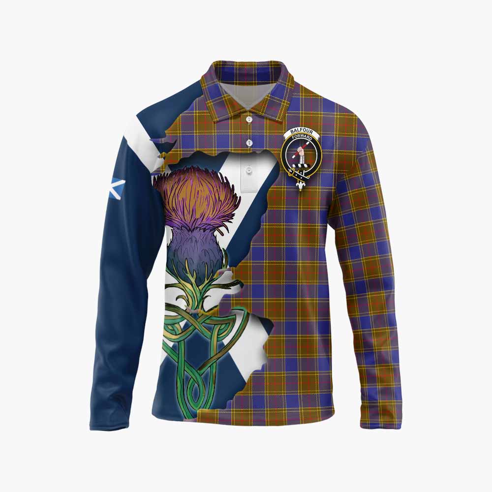 Tartan Vibes Clothing Balfour Tartan Family Crest Long Sleeve Polo Shirt Scottish Thistle Celtic Inspired