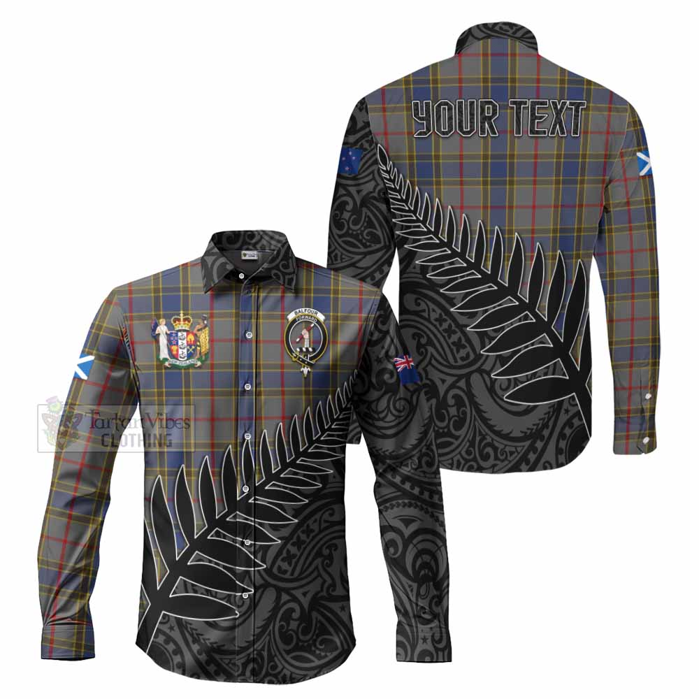 Tartan Vibes Clothing Balfour Crest Tartan Long Sleeve Button Shirt with New Zealand Silver Fern Half Style