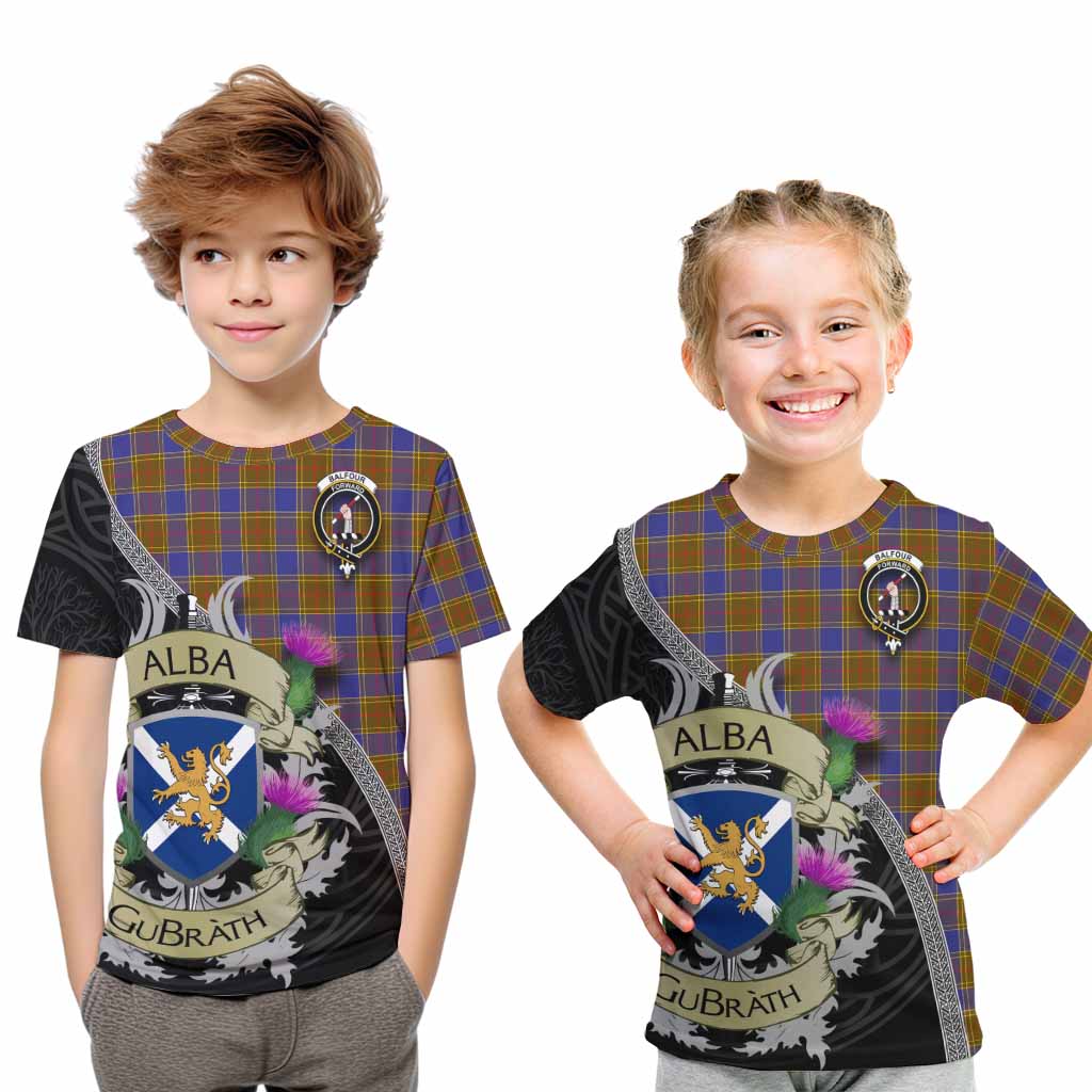 Tartan Vibes Clothing Balfour Tartan Family Crest Kid T-Shirt Lion Rampant Royal Thistle Shield Celtic Inspired