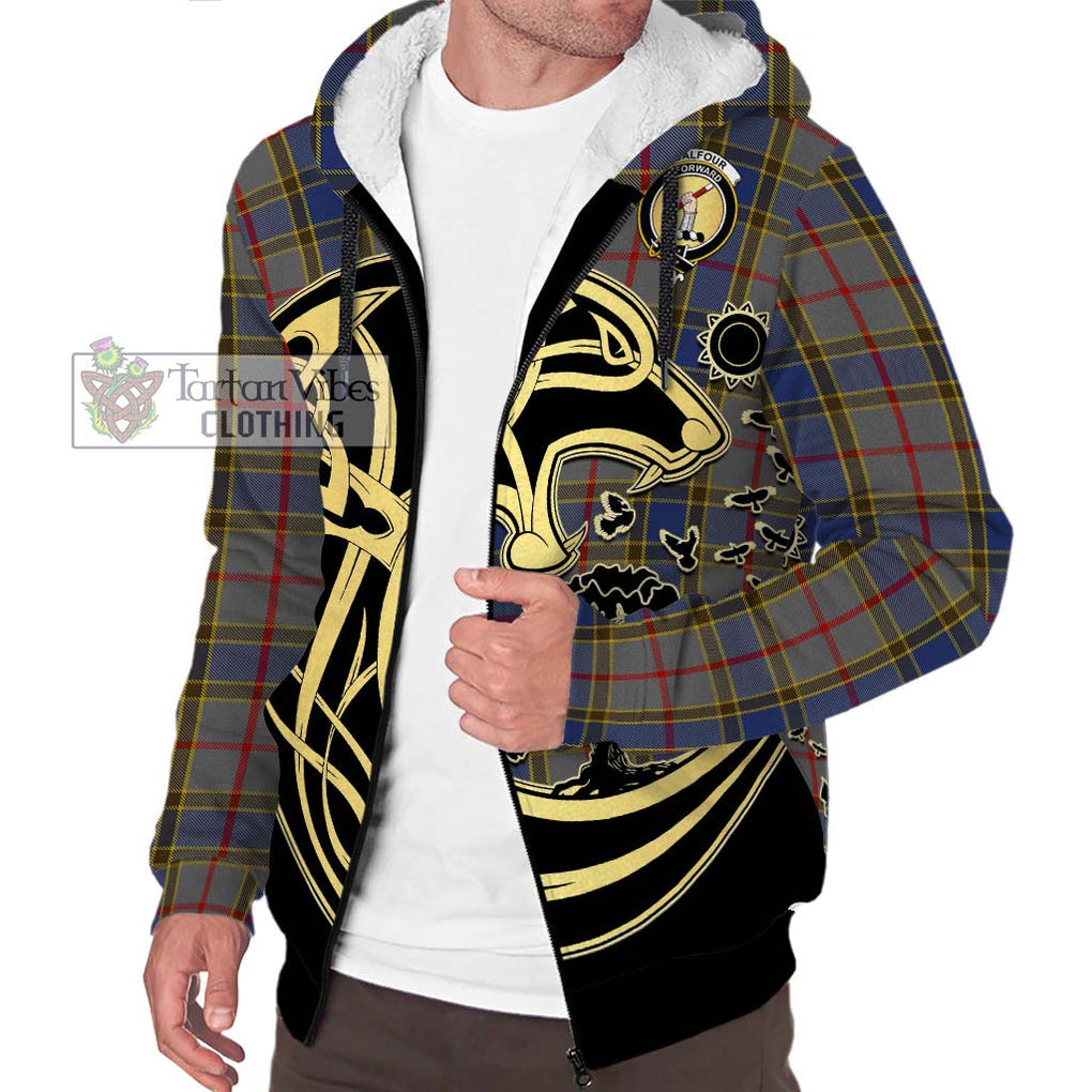 Balfour Tartan Sherpa Hoodie with Family Crest Celtic Wolf Style Unisex S - Tartan Vibes Clothing