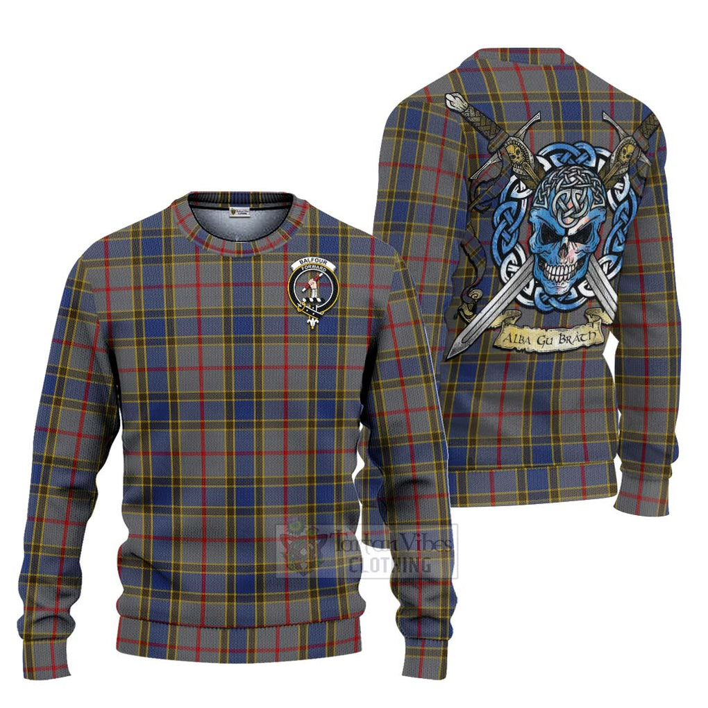 Tartan Vibes Clothing Balfour Tartan Knitted Sweater with Family Crest Celtic Skull Style