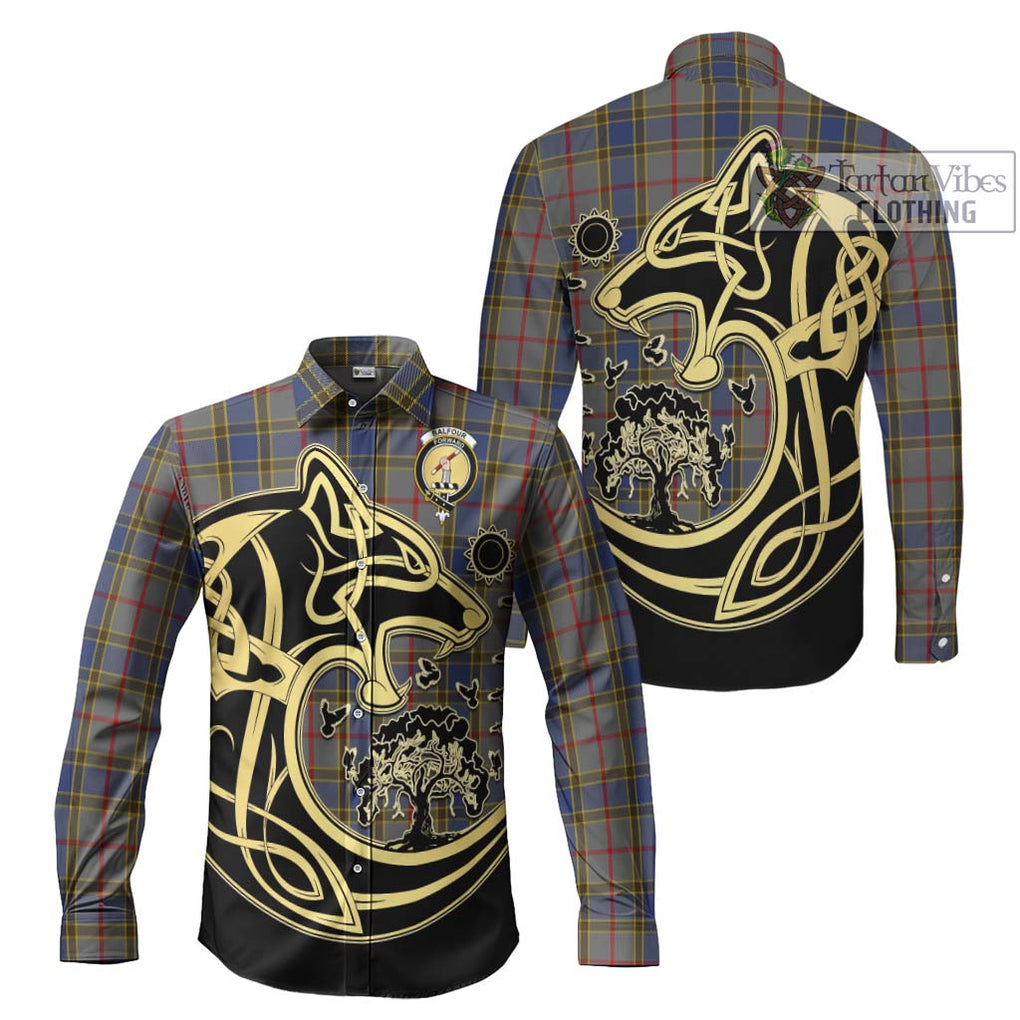 Balfour Tartan Long Sleeve Button Shirt with Family Crest Celtic Wolf Style Men's Shirt S - Tartan Vibes Clothing