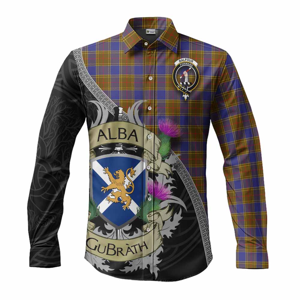 Tartan Vibes Clothing Balfour Tartan Family Crest Long Sleeve Button Shirt Lion Rampant Royal Thistle Shield Celtic Inspired