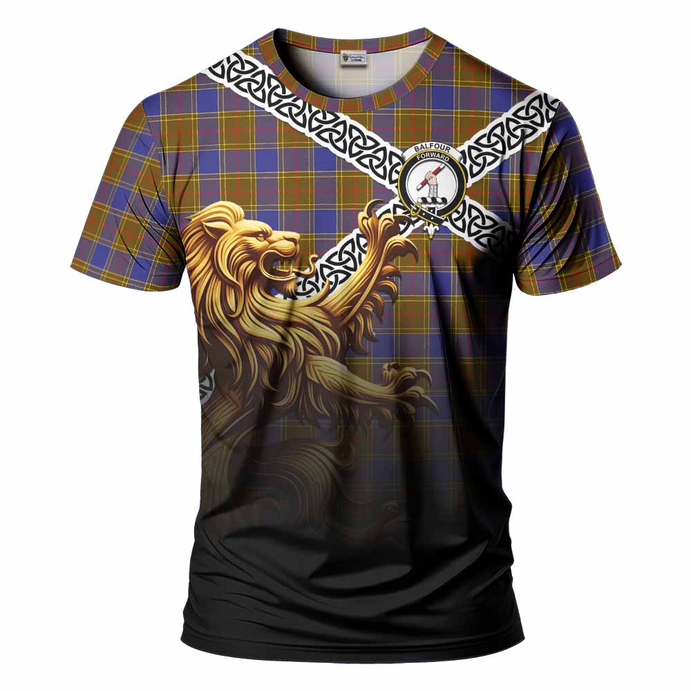 Tartan Vibes Clothing Balfour Crest Tartan T-Shirt with Golden Lion Emblem Celtic Style