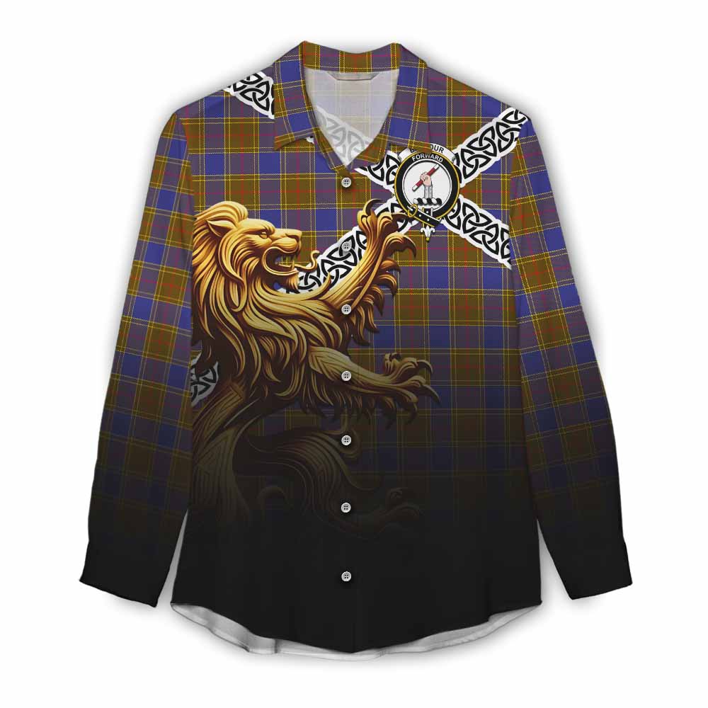 Tartan Vibes Clothing Balfour Crest Tartan Women's Casual Shirt with Golden Lion Emblem Celtic Style