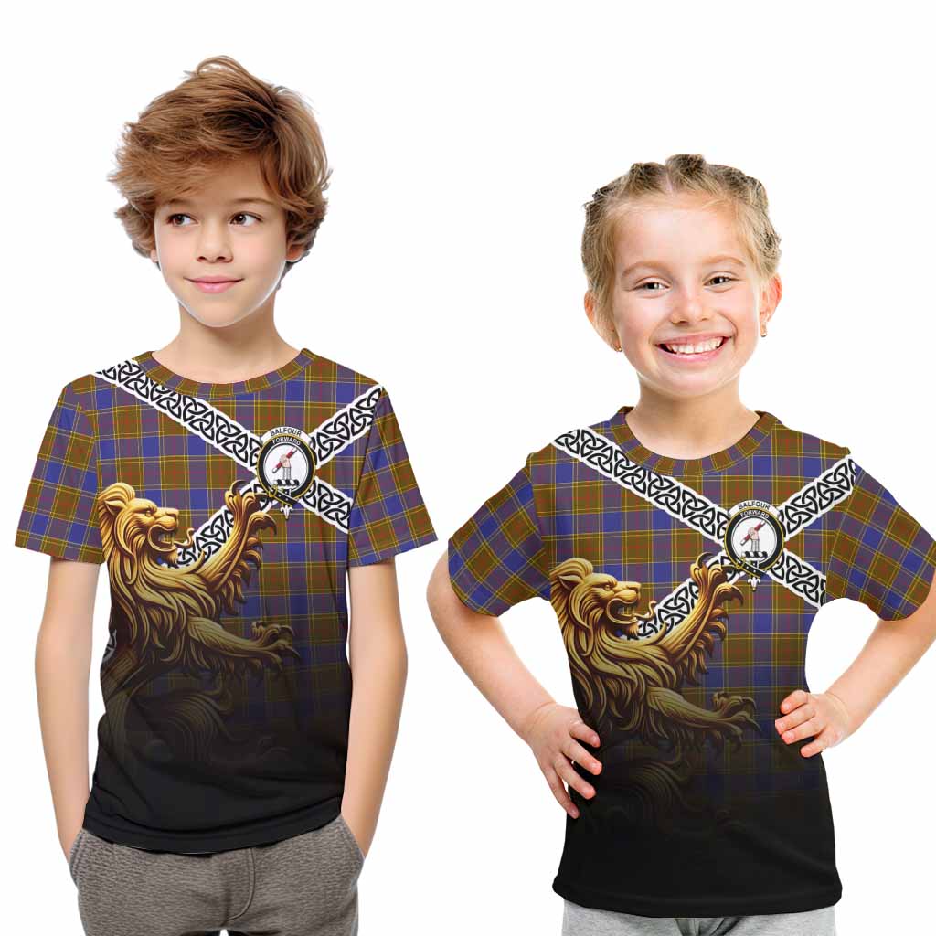 Tartan Vibes Clothing Balfour Crest Tartan Kid T-Shirt with Golden Lion Emblem Celtic Style