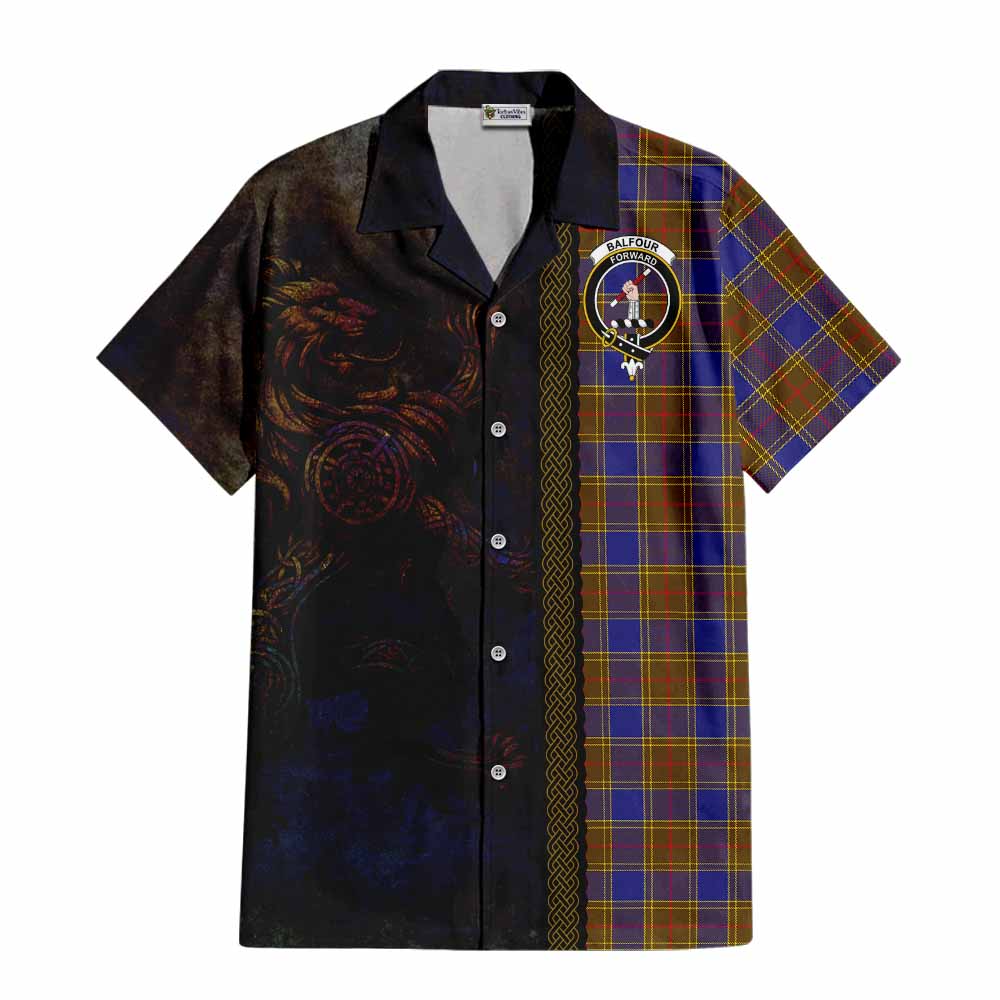 Tartan Vibes Clothing Balfour Tartan Family Crest Short Sleeve Button Shirt Alba Gu Brath Be Brave Lion Ancient Style