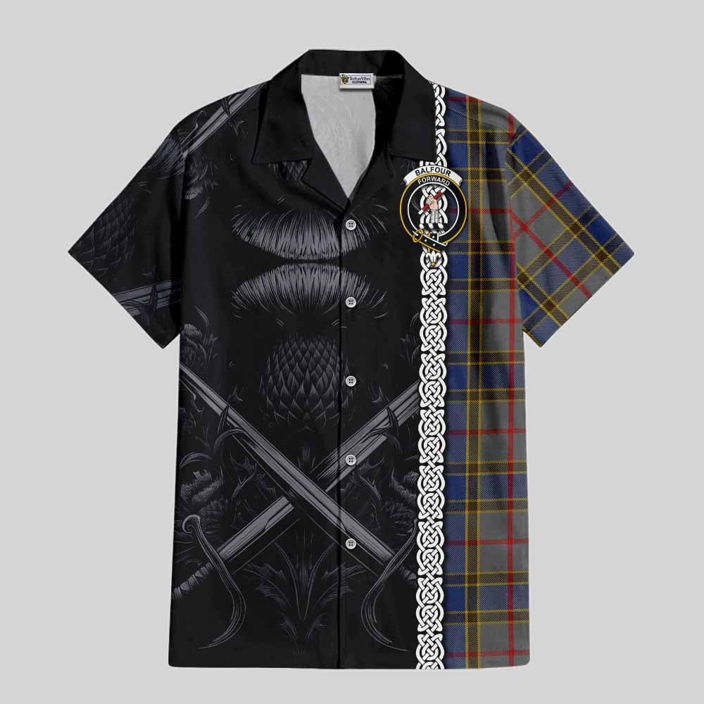 Tartan Vibes Clothing Balfour Tartan Short Sleeve Button Shirt with Family Crest Cross Sword Thistle Celtic Vibes