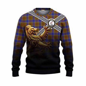 Balfour Crest Tartan Knitted Sweater with Golden Lion Emblem Celtic Style