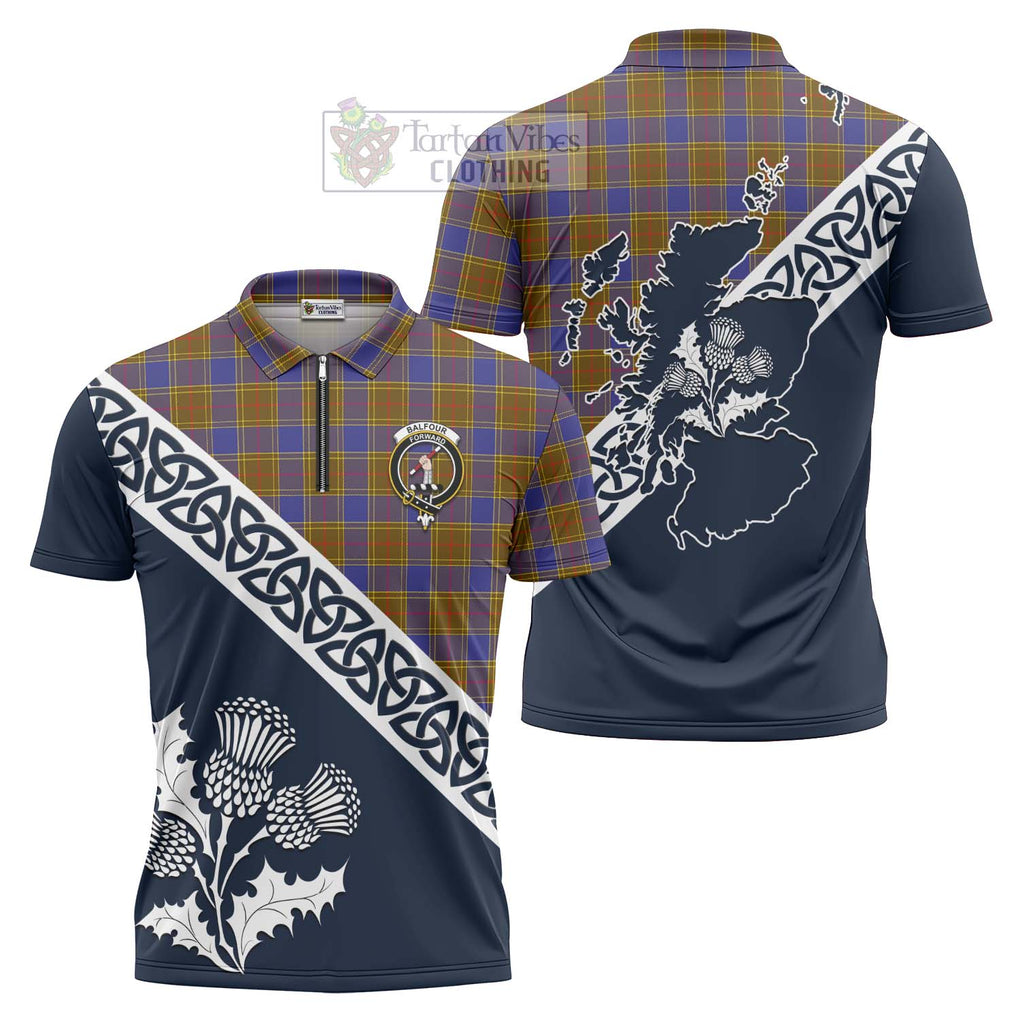 Balfour Tartan Zipper Polo Shirt Featuring Thistle and Scotland Map Unisex - Tartanvibesclothing Store