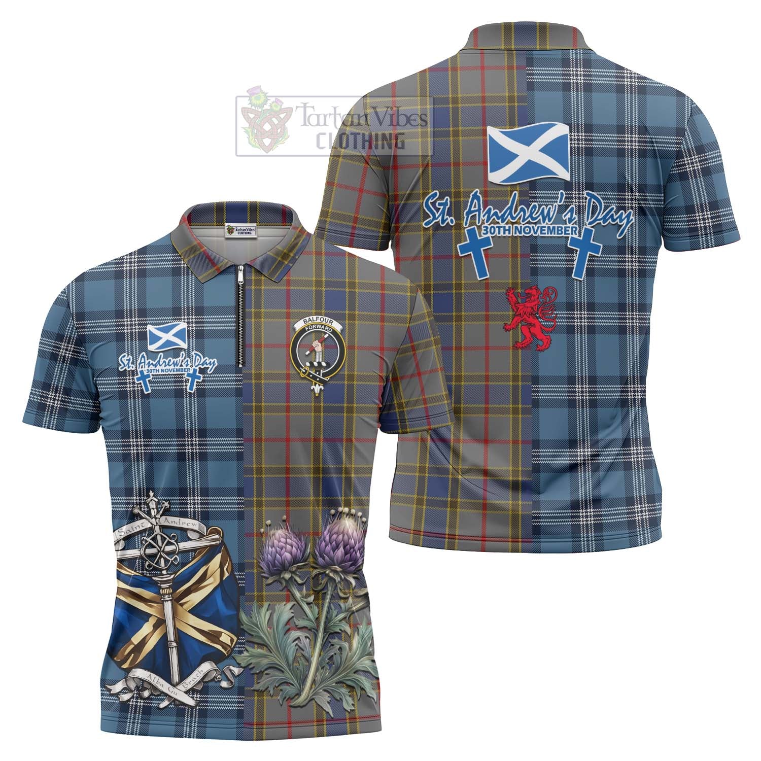Tartan Vibes Clothing Balfour Tartan Zipper Polo Shirt Happy St. Andrew's Day Half Tartan Style