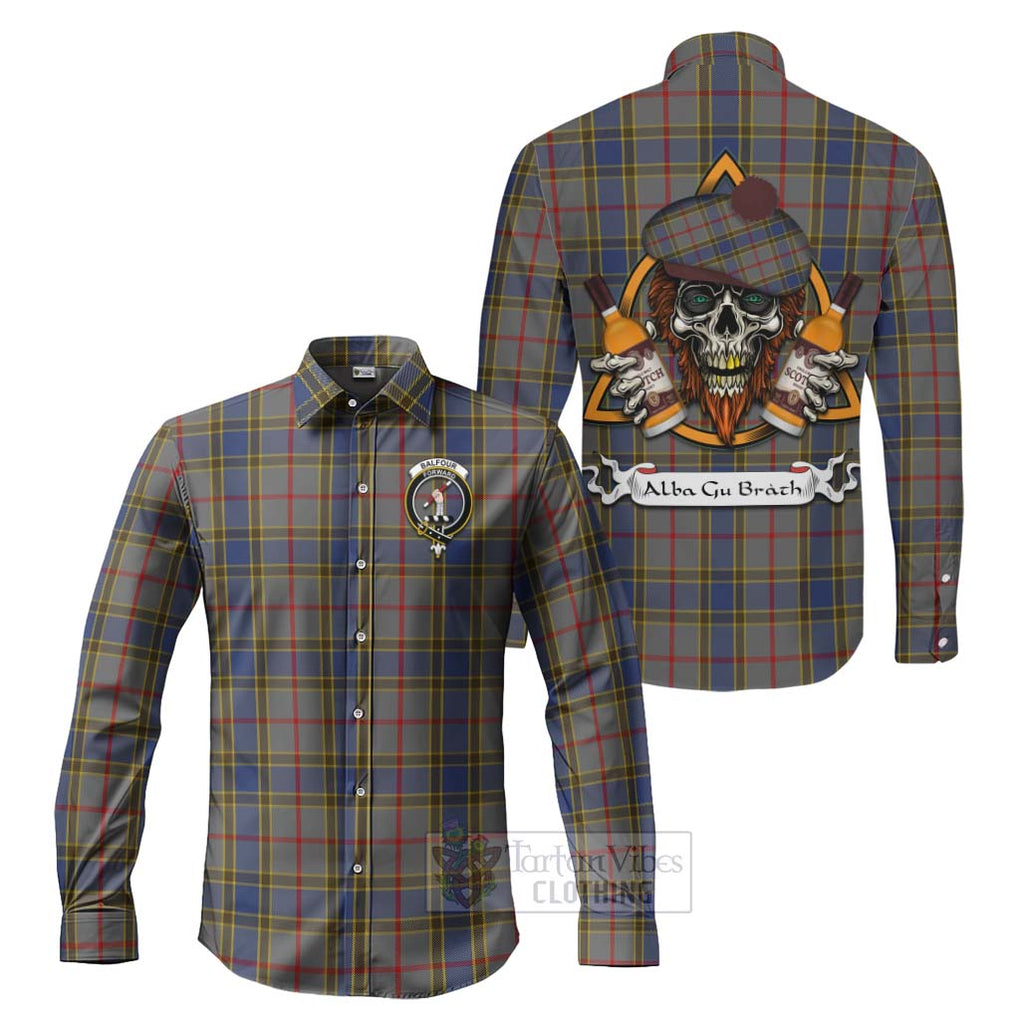 Tartan Vibes Clothing Balfour Tartan Long Sleeve Button Shirt with Family Crest and Bearded Skull Holding Bottles of Whiskey