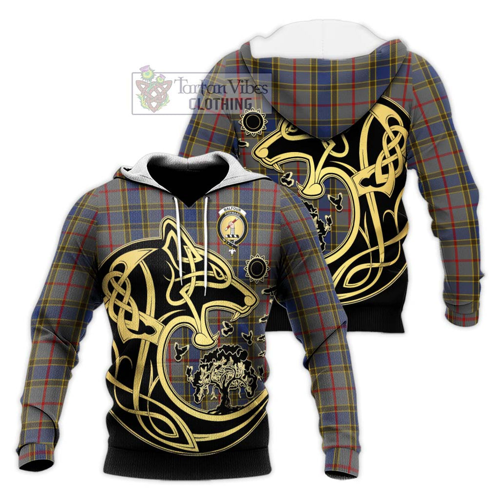 Balfour Tartan Knitted Hoodie with Family Crest Celtic Wolf Style Unisex Knitted Pullover Hoodie - Tartan Vibes Clothing