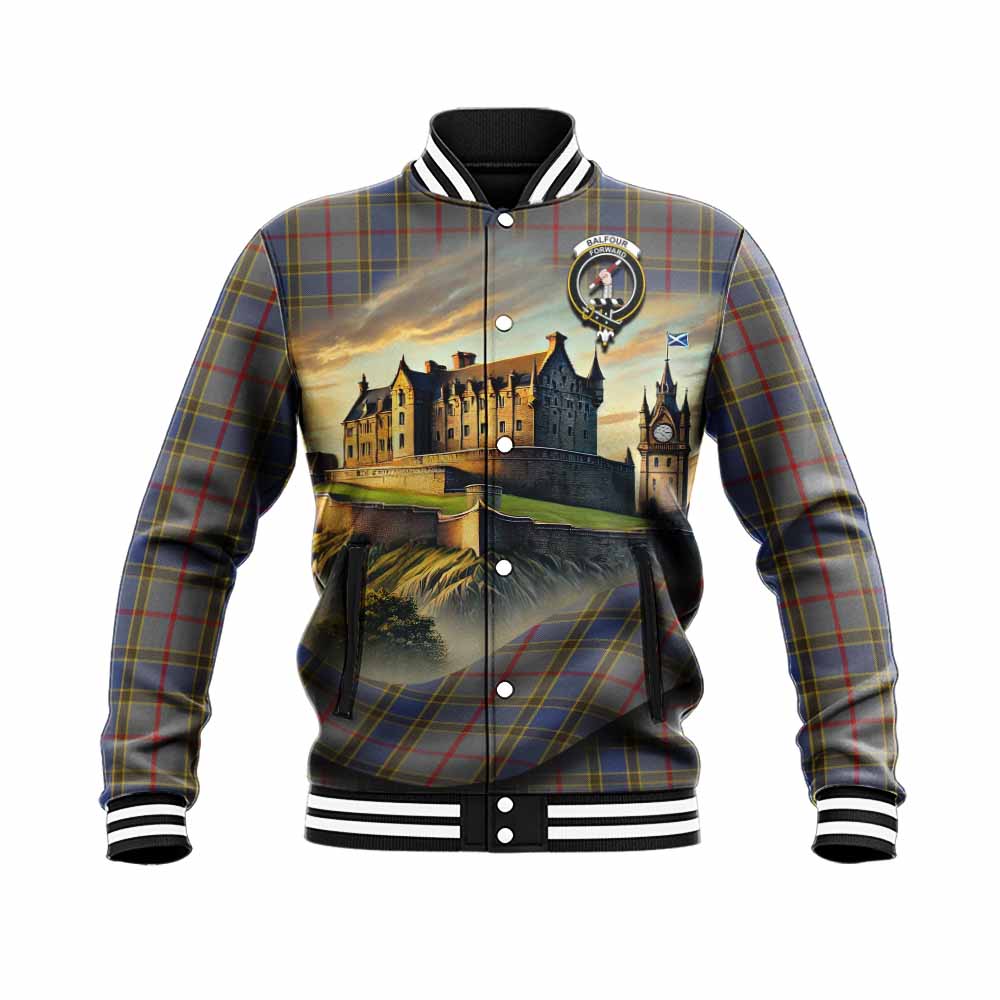 Tartan Vibes Clothing Balfour Tartan Family Crest Baseball Jacket with Scottish Ancient Castle Style