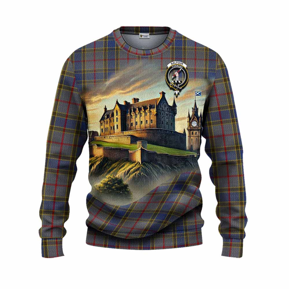 Tartan Vibes Clothing Balfour Tartan Family Crest Knitted Sweater with Scottish Ancient Castle Style