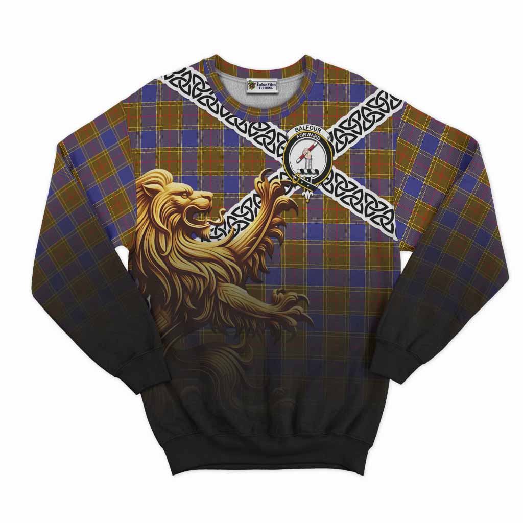 Tartan Vibes Clothing Balfour Crest Tartan Sweatshirt with Golden Lion Emblem Celtic Style