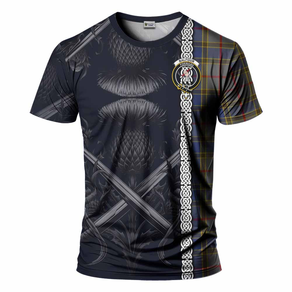 Tartan Vibes Clothing Balfour Tartan T-Shirt with Family Crest Cross Sword Thistle Celtic Vibes