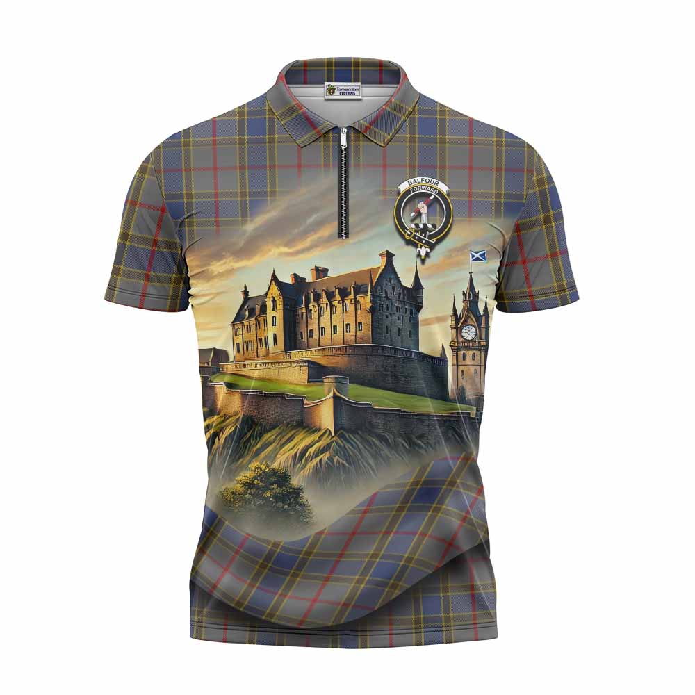 Tartan Vibes Clothing Balfour Tartan Family Crest Zipper Polo Shirt with Scottish Ancient Castle Stype
