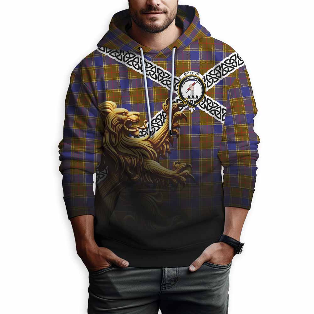 Tartan Vibes Clothing Balfour Crest Tartan Hoodie with Golden Lion Emblem Celtic Style