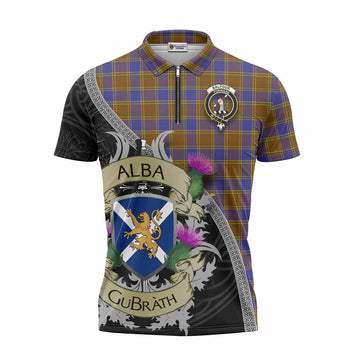 Balfour Tartan Family Crest Zipper Polo Shirt Lion Rampant Royal Thistle Shield Celtic Inspired
