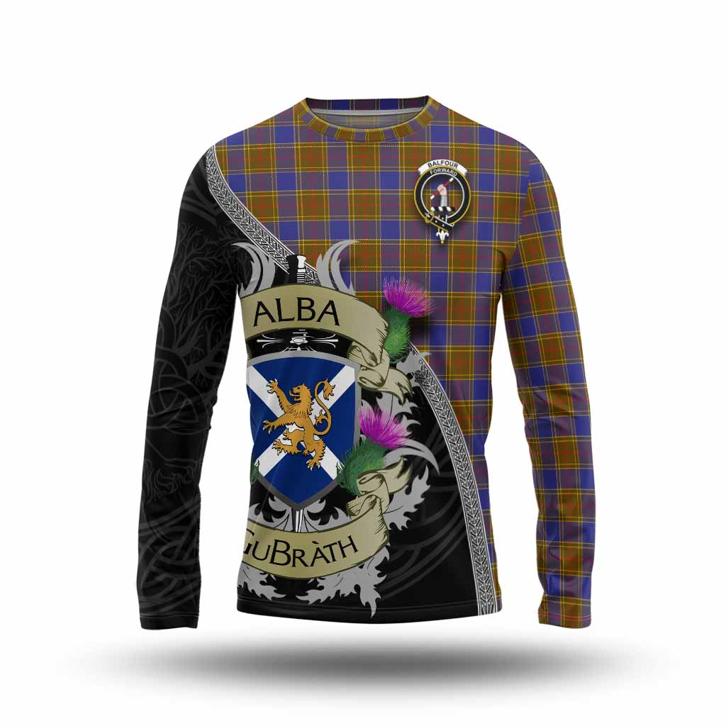 Tartan Vibes Clothing Balfour Tartan Family Crest Long Sleeve T-Shirt Lion Rampant Royal Thistle Shield Celtic Inspired