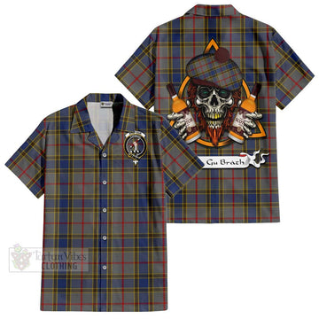 Balfour Tartan Hawaiian Shirt with Family Crest and Bearded Skull Holding Bottles of Whiskey
