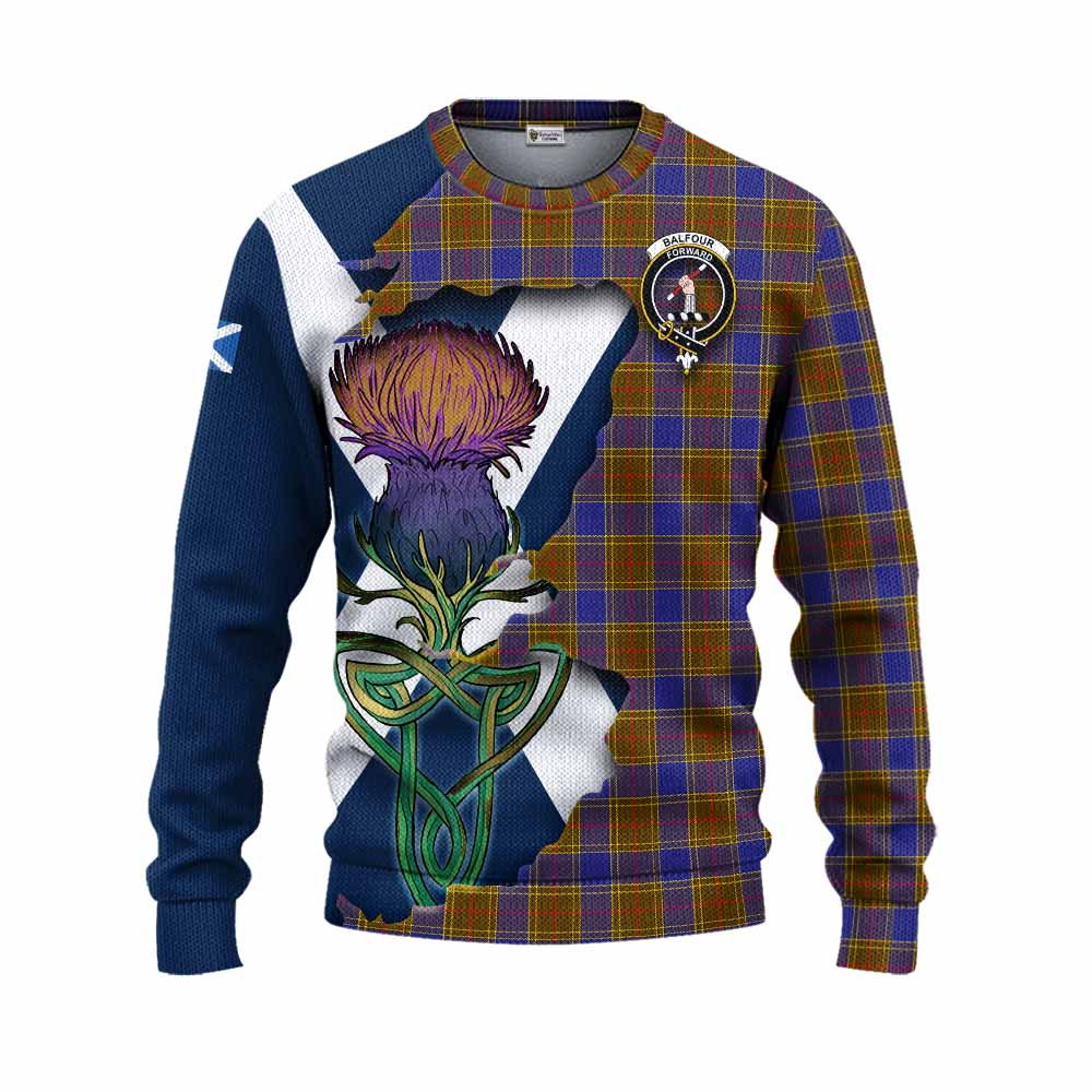 Tartan Vibes Clothing Balfour Tartan Family Crest Knitted Sweater Scottish Thistle Celtic Inspired
