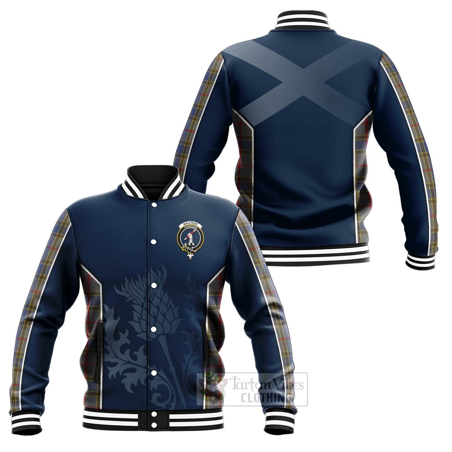 Balfour Tartan Baseball Jacket with Family Crest and Scottish Thistle Vibes Sport Style Unisex - Tartan Vibes Clothing