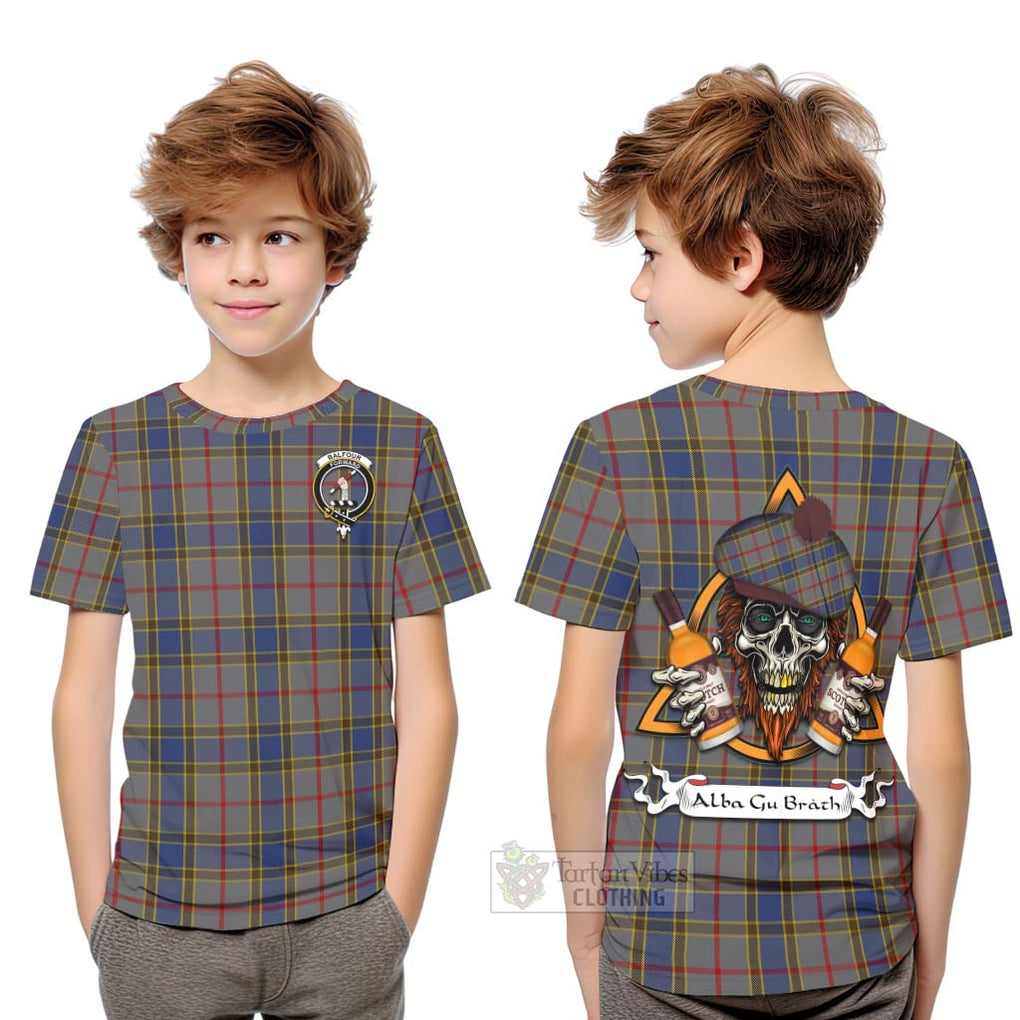 Tartan Vibes Clothing Balfour Tartan Kid T-Shirt with Family Crest and Bearded Skull Holding Bottles of Whiskey