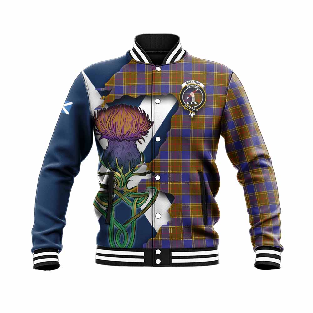Tartan Vibes Clothing Balfour Tartan Family Crest Baseball Jacket Scottish Thistle Celtic Inspired