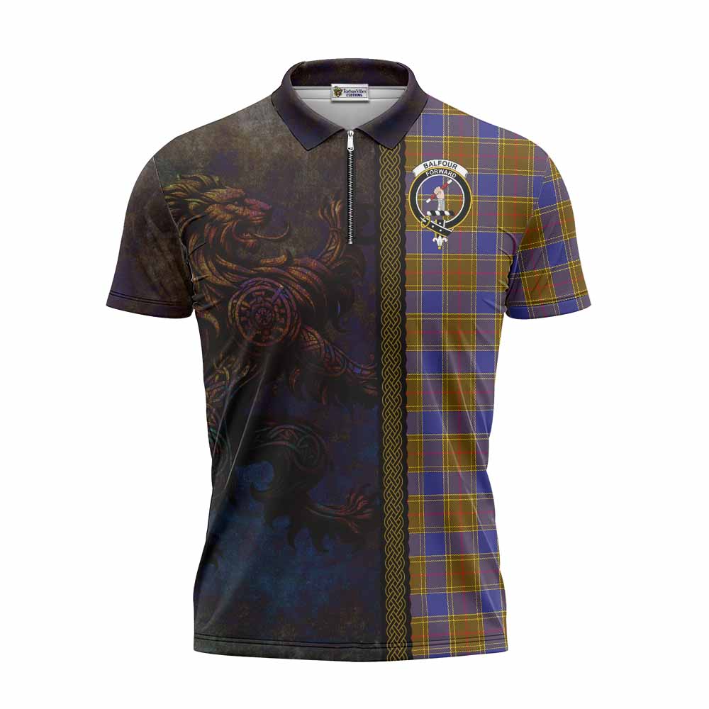 Tartan Vibes Clothing Balfour Tartan Family Crest Zipper Polo Shirt Alba Gu Brath Be Brave Lion Ancient Style
