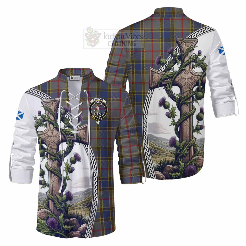 Tartan Vibes Clothing Balfour Tartan Ghillie Kilt Shirt with Family Crest and St. Andrew's Cross Accented by Thistle Vines