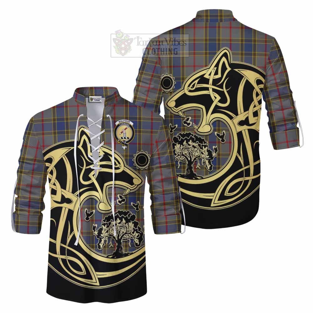 Tartan Vibes Clothing Balfour Tartan Ghillie Kilt Shirt with Family Crest Celtic Wolf Style