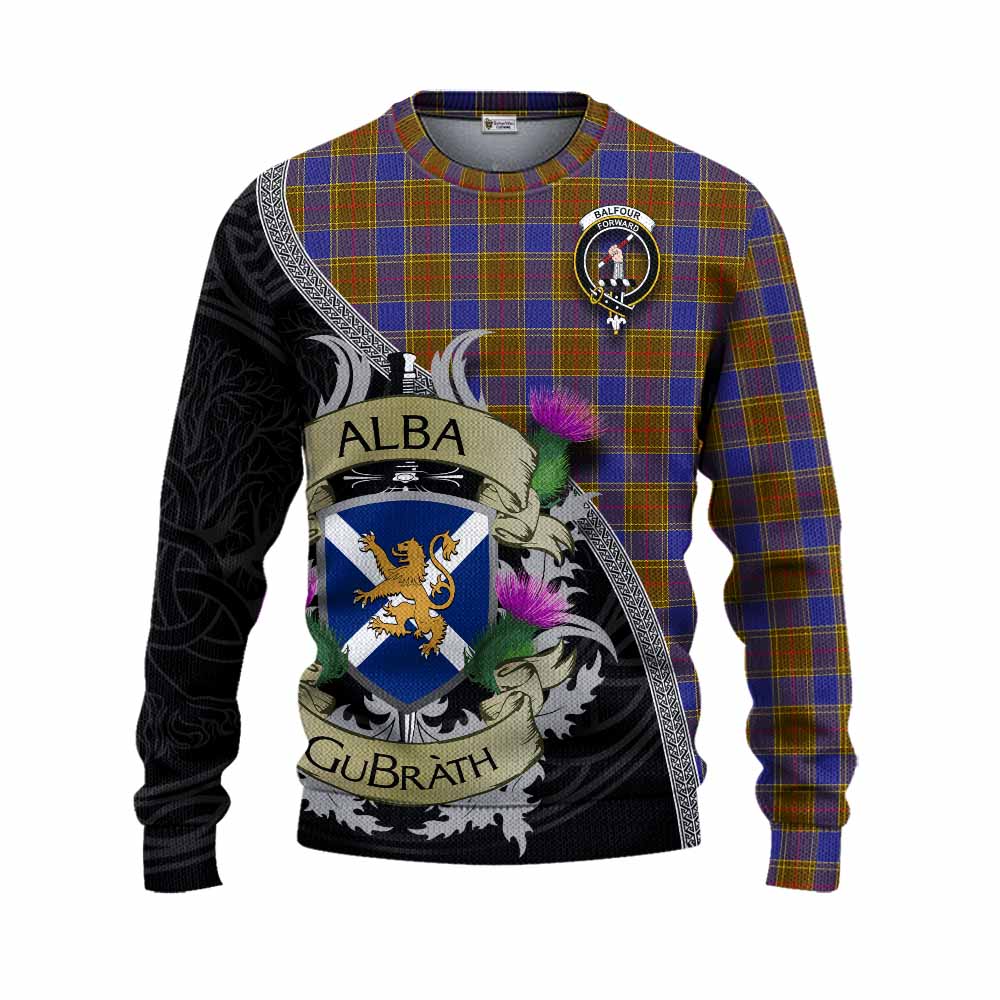 Tartan Vibes Clothing Balfour Tartan Family Crest Knitted Sweater Lion Rampant Royal Thistle Shield Celtic Inspired
