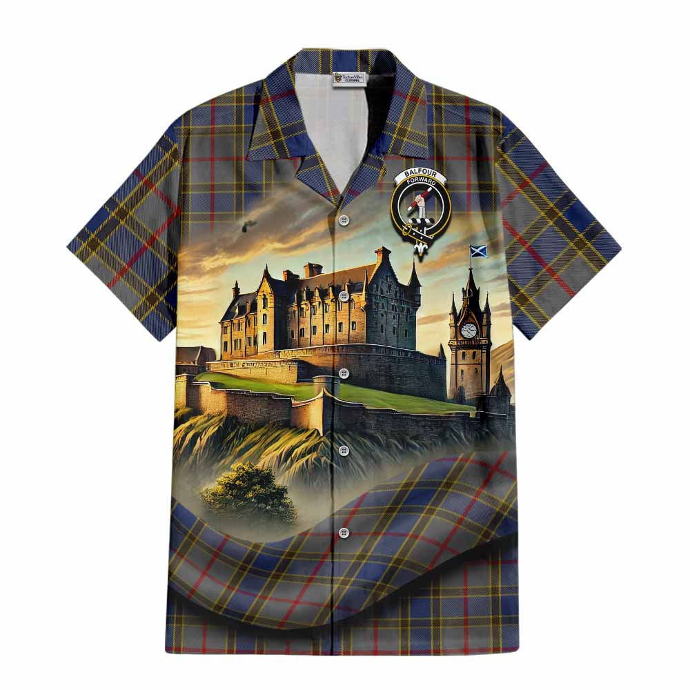 Tartan Vibes Clothing Balfour Tartan Family Crest Short Sleeve Button Shirt with Scottish Ancient Castle Style