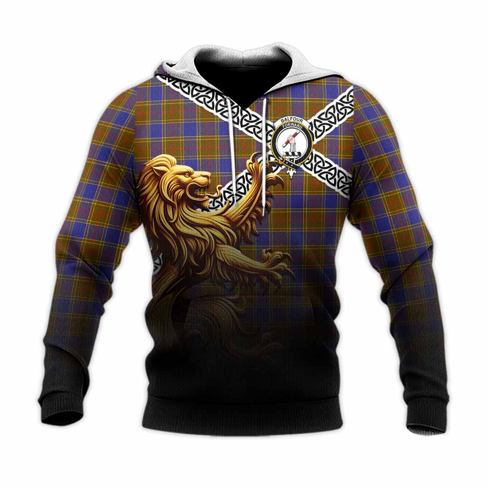 Tartan Vibes Clothing Balfour Crest Tartan Knitted Hoodie with Golden Lion Emblem Celtic Style