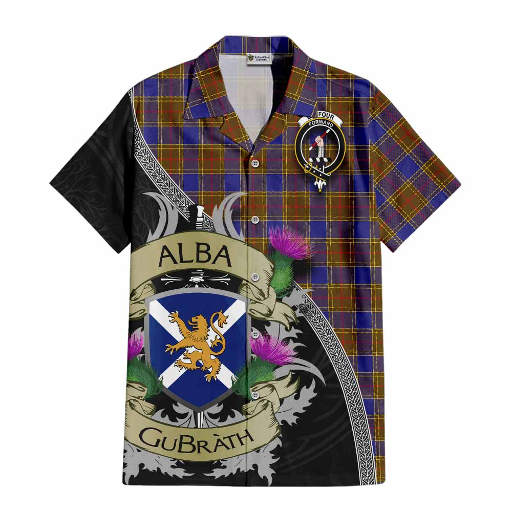 Tartan Vibes Clothing Balfour Tartan Family Crest Short Sleeve Button Shirt Lion Rampant Royal Thistle Shield Celtic Inspired