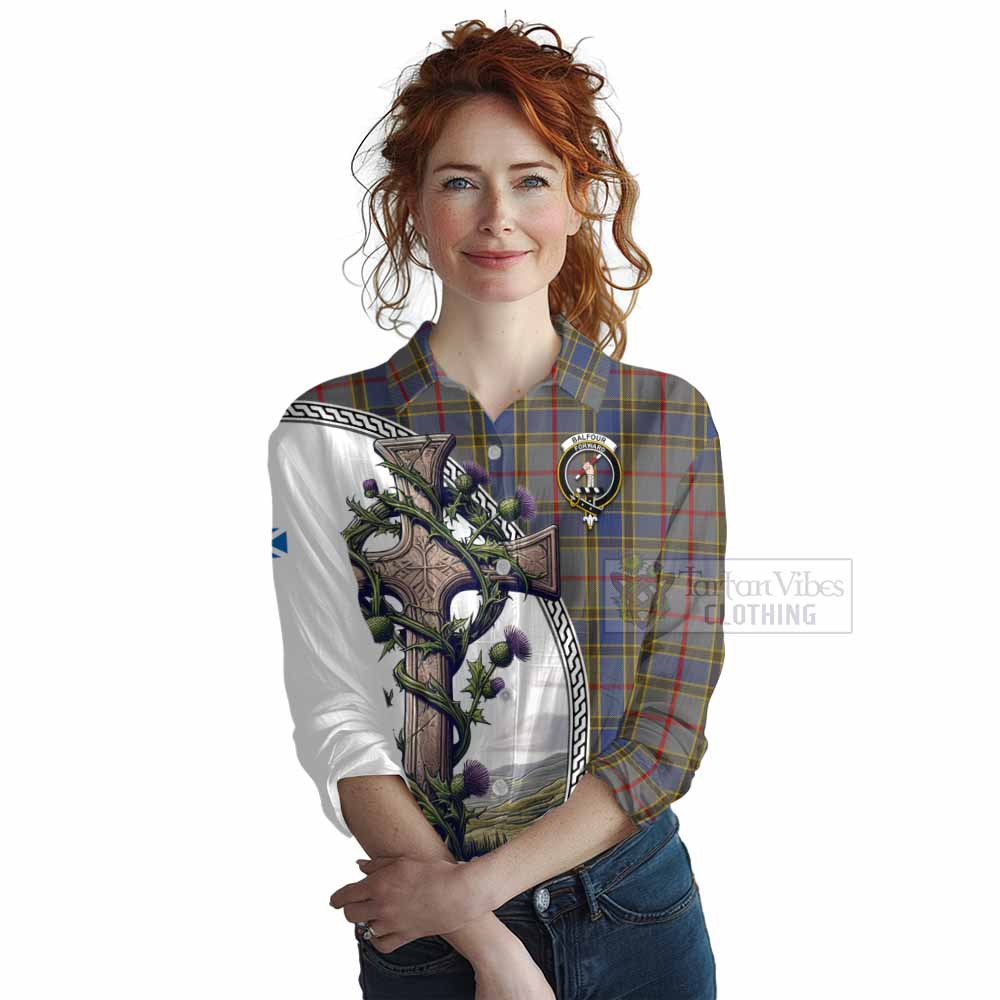 Tartan Vibes Clothing Balfour Tartan Women's Casual Shirt with Family Crest and St. Andrew's Cross Accented by Thistle Vines